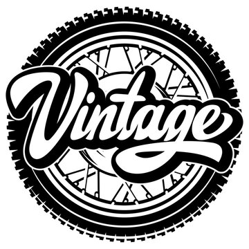 Retro Motorcycle Wheel with Bold Vintage Lettering Design for Bike Enthusiasts and Classic Style Lovers.