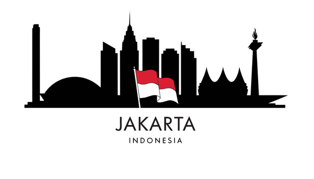 Vector illustration of Jakarta skyline in black silhouette, with &ldquo;JAKARTA&rdquo; text, on white background, modern city identity and tourism design