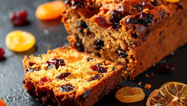 Close up of a delicious slice of fruitcake filled with glistening candied peel and dried fruits