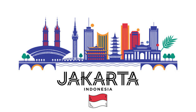Vector illustration of Jakarta skyline in colorful silhouette, with &ldquo;JAKARTA&rdquo; text, on white background, modern city identity and tourism design
