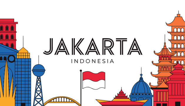 Vector illustration of Jakarta skyline in colorful silhouette, with &ldquo;JAKARTA&rdquo; text, on white background, modern city identity and tourism design