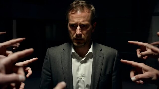 A stressed man facing judgment as many hands point accusingly showing blame and intense emotions
