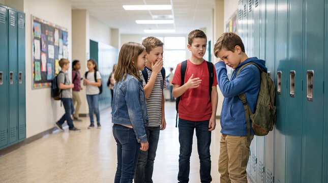 Bullying in School Hallway: A scene depicting school bullying where a group of children are seen teasing and pointing at another child who is crying, highlighting a sensitive social issue.