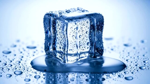 A single ice cube melting on a reflective surface.