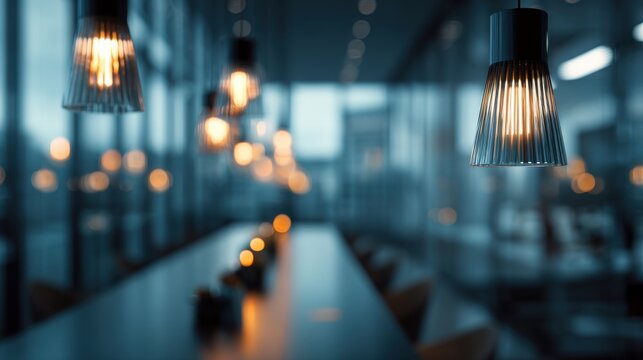 Modern Elegant Restaurant Interior with Hanging Light Fixtures and Ambient Lighting