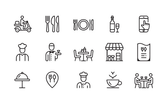 Restaurant Icons Set: A collection of clean, modern line icons representing various aspects of the restaurant and dining experience, from delivery to dining in.