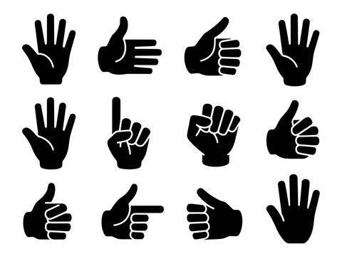 Hand Gestures Collection: A compilation of diverse black hand gestures, including thumbs up, pointing fingers, and open palms, symbolizing communication and action.