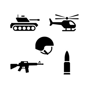 Military Icons: A set of black silhouette icons representing military equipment and symbols, including a tank, helicopter, assault rifle, bullet, and helmet.