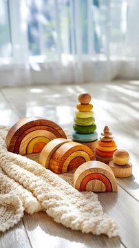 Vertical aesthetic background eco wooden Montessori toys on cozy blanket in warm sunlight, peaceful nursery backdrop for parenting vlog.
