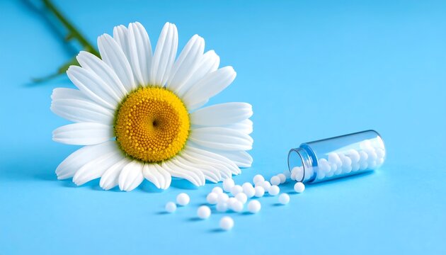 Daisy flower with homeopathic globules spilling from a tiny glass vial on a light blue surface