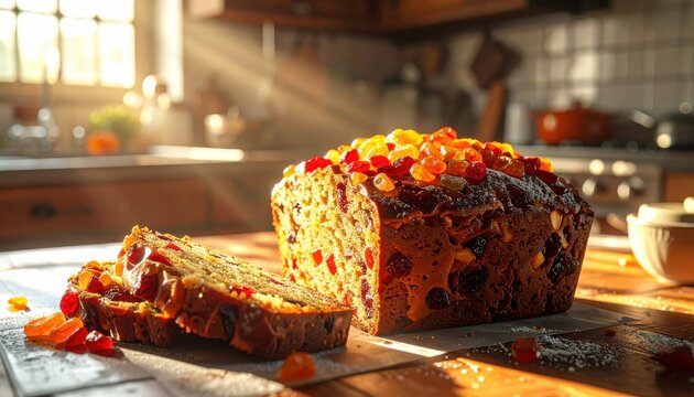 Close up of a rich fruitcake loaf with glistening candied peel topping on a wooden table, bathed in warm sunlight