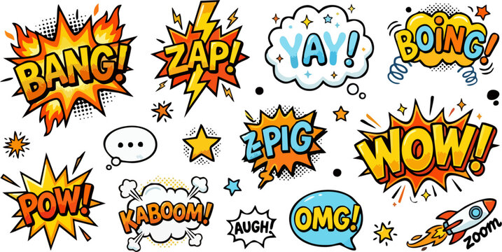 Colorful Retro Comic Sound Effect Stickers Set with Speech Bubbles, Rocket and Pop Art Elements Isolated