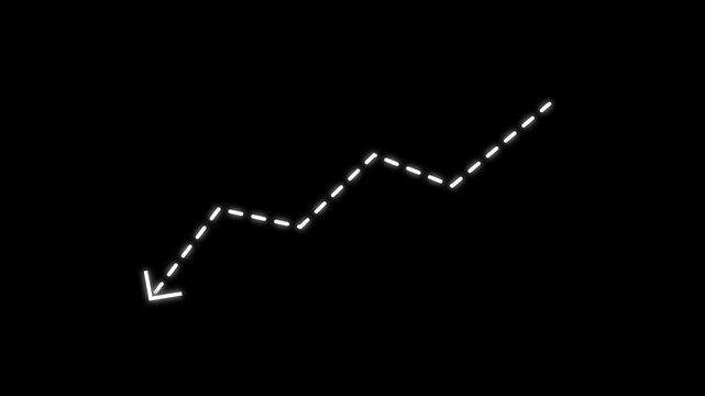 dotted line down arrow animation on black background. Downward arrow line animation with dotted line, downward arrow chart, economic crisis. economic cost concept.