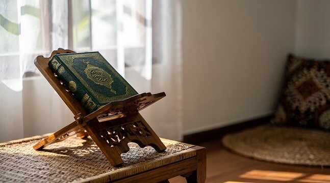 A green book with gold details on a wooden stand on a table by the window