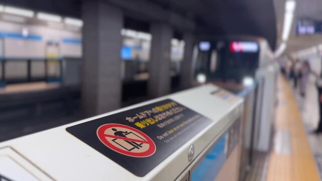 Close-up of a platform screen door safety barrier at a Tokyo subway station, with a train arriving in the background and commuters waiting nearby. 15161  