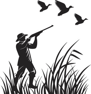 A silhouette image of a hunter and ducks in flight against a stark white background. The central figure, a hunter, is seen in profile, aiming a long-barreled shotgun upwards towards a group of three f
