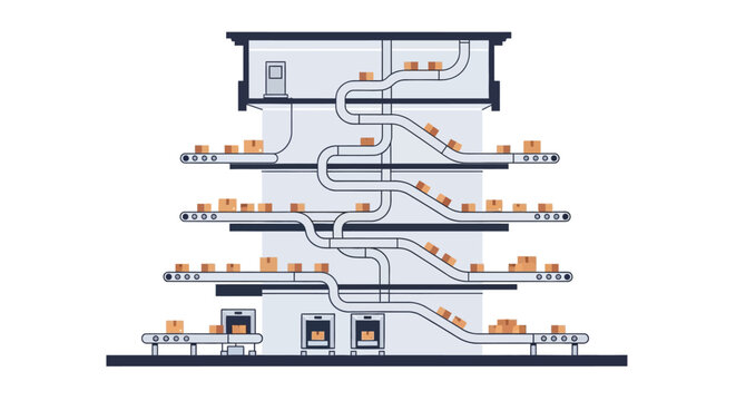Modern Automated Warehouse Logistics and Distribution Center Illustration with Conveyor Belts and Sorting System