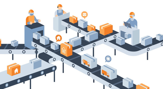 Isometric Logistics Warehouse Automation with Conveyor Belts Workers and Package Sorting for E-commerce Distribution and Shipping