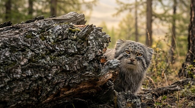Raccoon peeking from behind tree trunk.