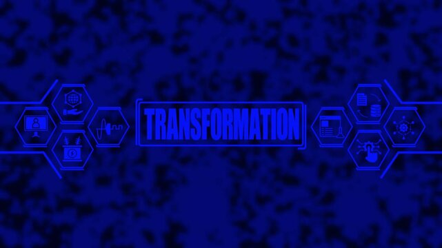 Digital transformation concept with futuristic hud interface and hexagonal technology in blue motion for corporate business and software development presentations