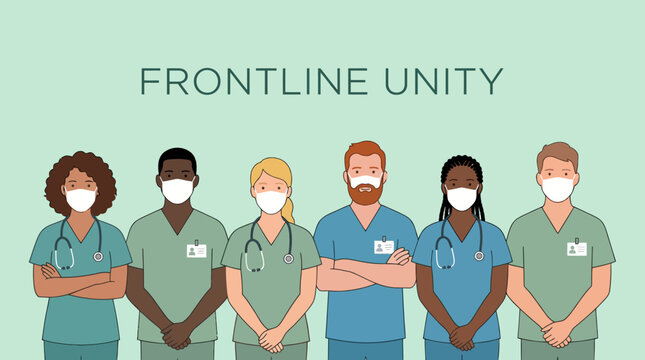 Frontline Unity: Diverse Healthcare Workers in Masks Standing Together to Show Solidarity and Public Health Action