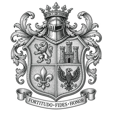 Vintage Heraldic Coat of Arms with Lion Castle Fleur de Lis and Eagle.
