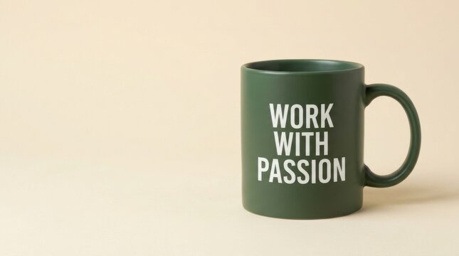 Inspirational green ceramic coffee mug with Work With Passion text, minimalist office desk accessory, motivational quote cup on beige background