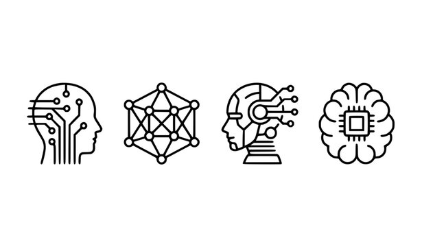 Artificial Intelligence and Machine Learning Line Icon Set Featuring Humanoid Android Profile, Digital Circuit Brain, Neural Node Network, and Smart Microchip Processor Symbols