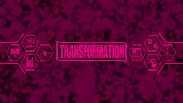 Digital transformation concept animation with futuristic hexagon and neon pink interface for business technology and innovation presentations