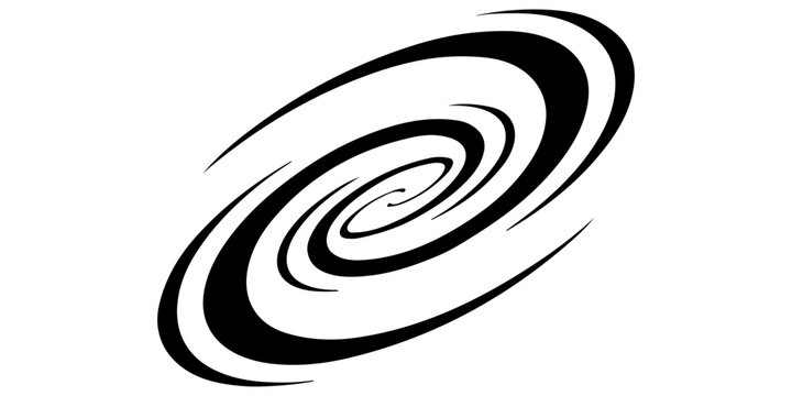 Abstract Black Galaxy Spiral Vector Illustration. Minimalist Cosmic Vortex, Universe Hurricane, and Space Whirlpool Silhouette Graphic Element Isolated on White Background for Modern Design.