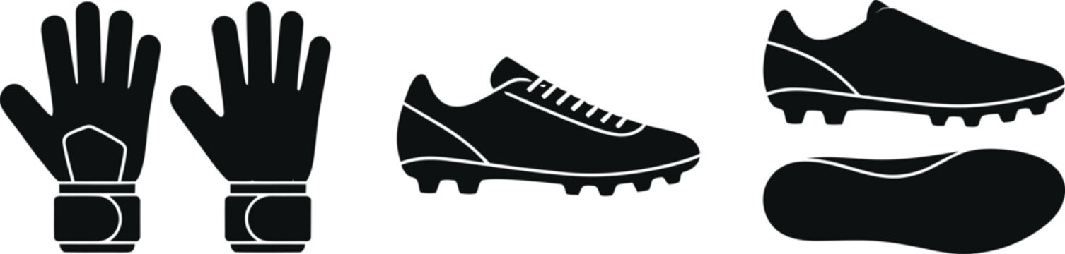 Black soccer gloves and cleats icons