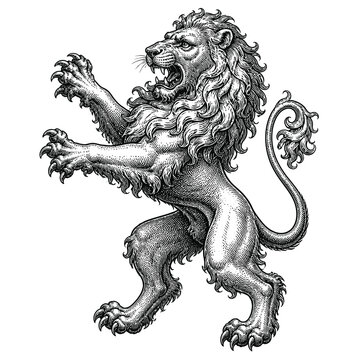 Vintage style heraldic lion illustration standing in a rampant pose.