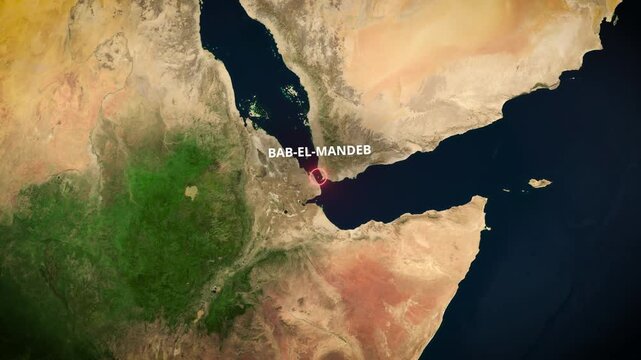 3D Earth globe zooming into the Strait of Bab el Mandeb with animated red target highlight and text, ideal for maritime shipping logistics presentations and geopolitical news broadcast explainers.

