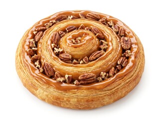Fototapeta premium Spiral Danish Pastry with Caramel Glaze and Pecan Pieces Isolated on White Background, Sweet Gourmet Bakery Treat for Breakfast