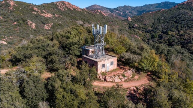 A towering telecommunications antenna array stands atop a rugged hillside structure, enabling vital wireless network connectivity.