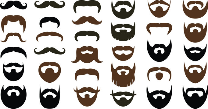 Beard and mustache vector silhouette set with minimalist black facial hair grooming icons on white background