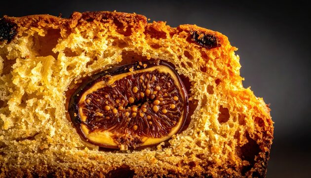Close-up macro view of a sliced fruitcake with a prominent dried fig embedded within its golden crumb and texture.