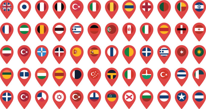 World country flag map pin vector icon set with flat circular location pointer markers on white background