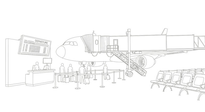 Airplane at Airport Gate with Jet Bridge.