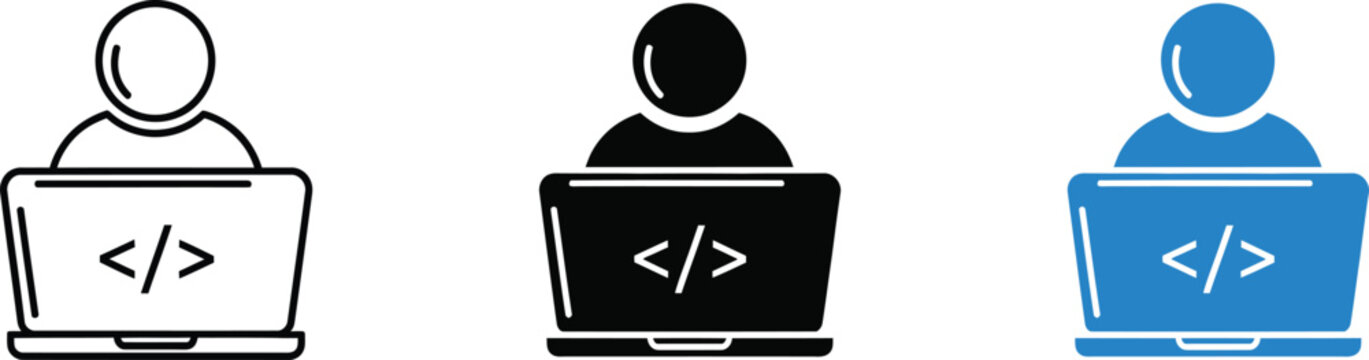 Minimalist illustration of programmers working on laptops with code symbols