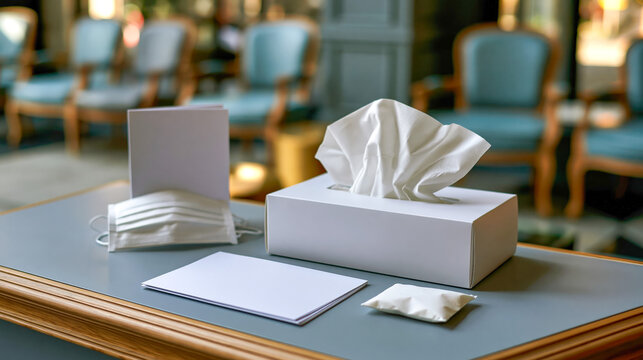 Desk with tissue box face masks and envelopes in a reception area