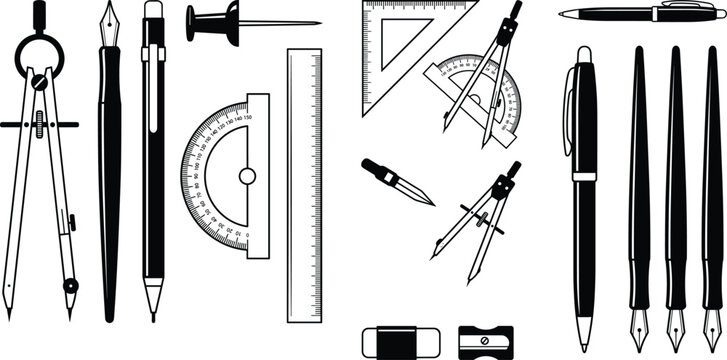Silhouettes of Technical Drawing and Writing Tools Including Compass, Pens, Ruler, and Protractor