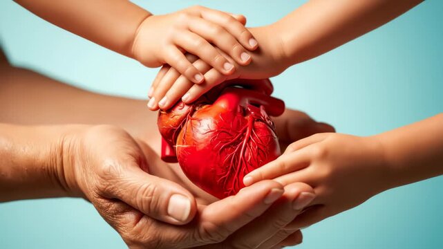 Adult and child hands gently hold a vibrant red anatomical human heart model