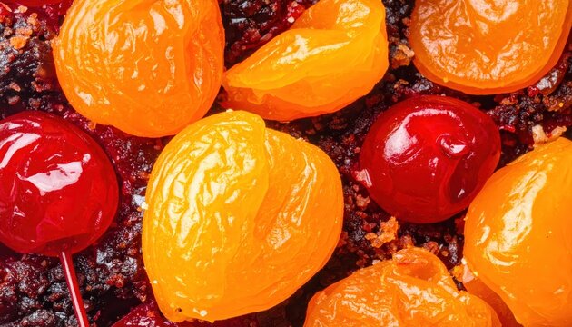 Close-up of glistening candied cherries and dried apricots within a fruitcake crumb, highlighting rich textures and vibrant colors