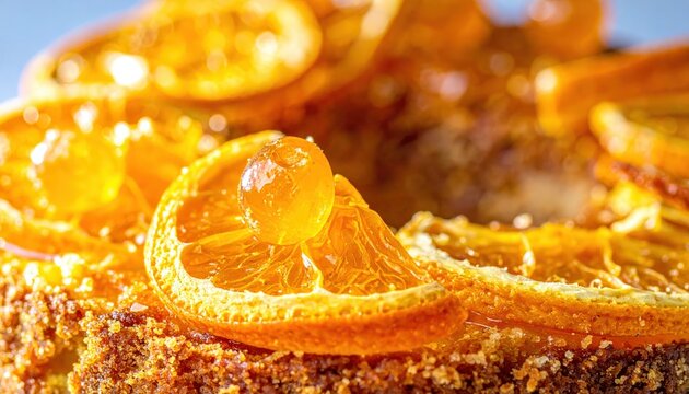 Close-up of glistening candied orange peel slices atop a textured fruitcake, showcasing intricate detail and delicious appeal.
