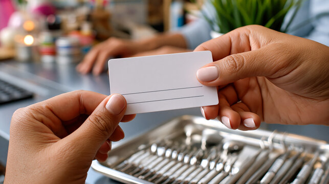 Two hands exchanging a blank payment card in a restaurant setting