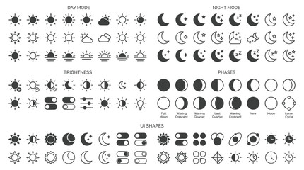 Day and Night Mode Icons: Sun, Moon, Clouds, Brightness, Phases, Toggle Switches © umi