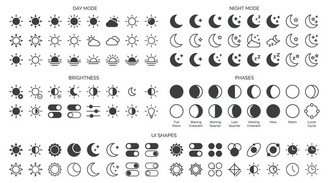 Day and Night Mode Icons: Sun, Moon, Clouds, Brightness, Phases, Toggle Switches