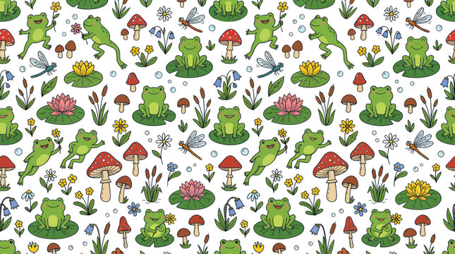 Cute Frog Pattern: Frogs, Mushrooms, Dragonflies, and Flowers Seamless Background