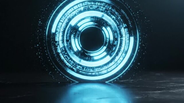 Blue glowing futuristic digital circle interface on dark surface